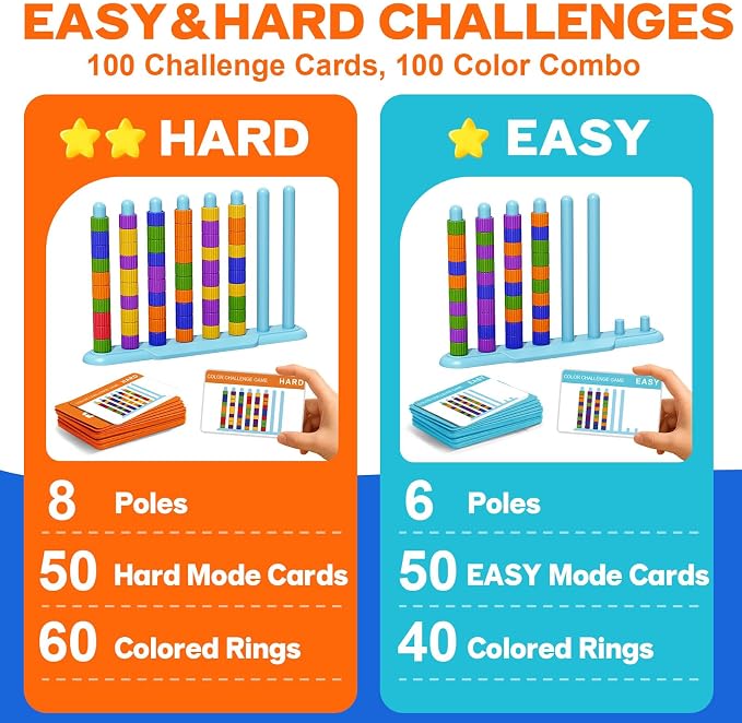 Color Challenge Game – 2 Pack Color Matching Game for Family Game Night and Parties, Board Games for Kids 6-8-12 & Adults, Stacking Game with 2 Stack Racks, 100 Cards, 120 Rings, Bell, Storage Bag‌