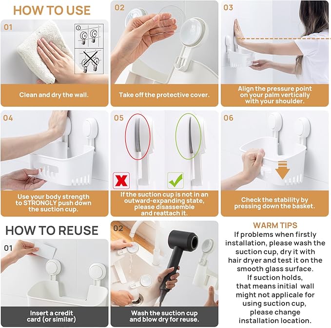 LEVERLOC Shower Caddy Suction Cup 2 Pack, Shower Organizer Removable Bathroom Shelf, Storage Suction Powerful Max Hold 22lbs Bathroom Caddy Waterproof Holder, White