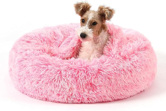 NOYAL Calming Dog Bed for Anxiety, Hooded Donut Cave with Blanket, Plush Fluffy Washable Pet Bed for Small Medium Dogs & Cats