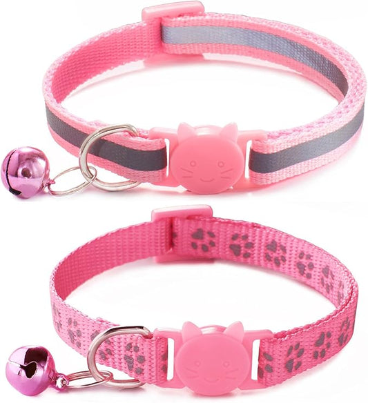 Pink Cat Collars with Bells, [2 Pack] Break Away Cat Collar with Bells, Reflective Kitten Collar Breakaway for Boy Pet Cats Kitty
