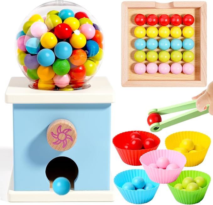 9.6" Wooden Gumball Machine For Kids Learning Color Sorting & Counting Toy | Toddler Preschool Learning Activities Toy for Kids Ages 3-5, Wood Preschool Learning Fine Motor Skills Game Toys