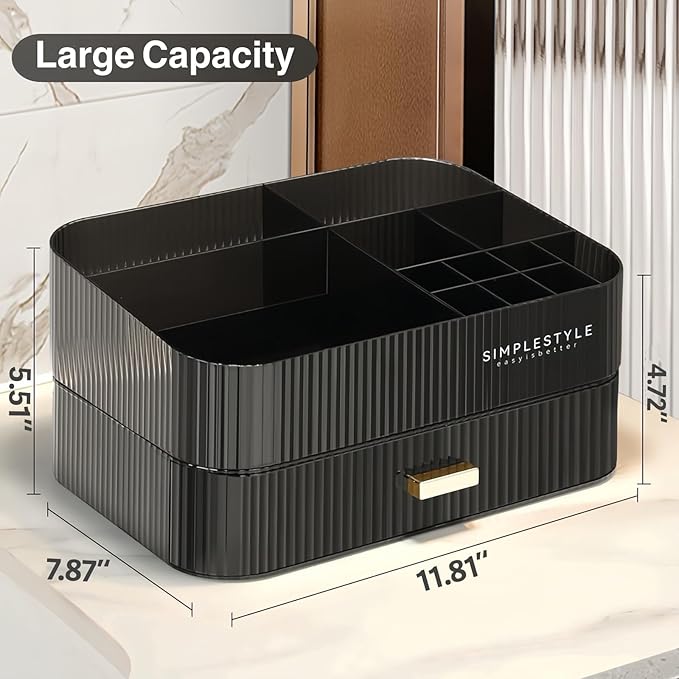 Makeup Organizer for Vanity, Large Desk Organizer with Stackable Drawer for Cosmetics, Skincare, Lipsticks, Palette, Nail Care, Ideal Storage for Dresser and Bathroom Countertop- Black