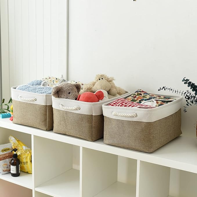 TheWarmHome Storage Basket for Organizing- 15.7x11.8x8.2 inch 1 Pack Fabric Storage Cubes for Shelves Organizer Book Gift Laundry Box Cloth Toy (Whiet & Khaki)