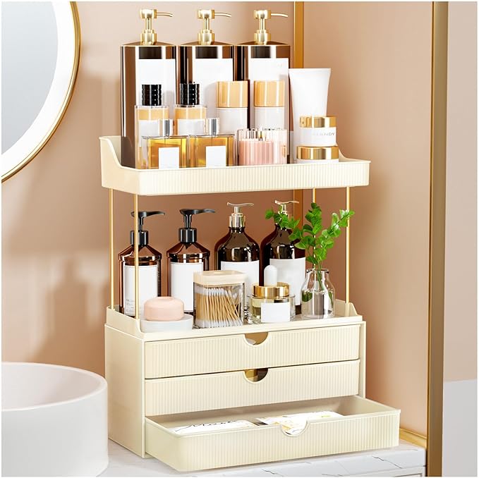 3 Drawers Bathroom Counter Organizer - 5 Tier Makeup Organizer, Versatile Perfume Organizer, Ideal for Bathroom Storage, Vanity, Large Skincare, Perfume, Present, Cream White