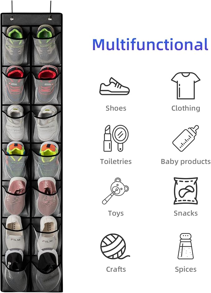 KEEPJOY Over the Door Shoe Organizer, Hanging Shoe Organizer with 4 Hooks,Door Shoe Holder with 14 Mesh Deep Pockets Closet Door Shoe Storage Bag (Grey-2Pack)