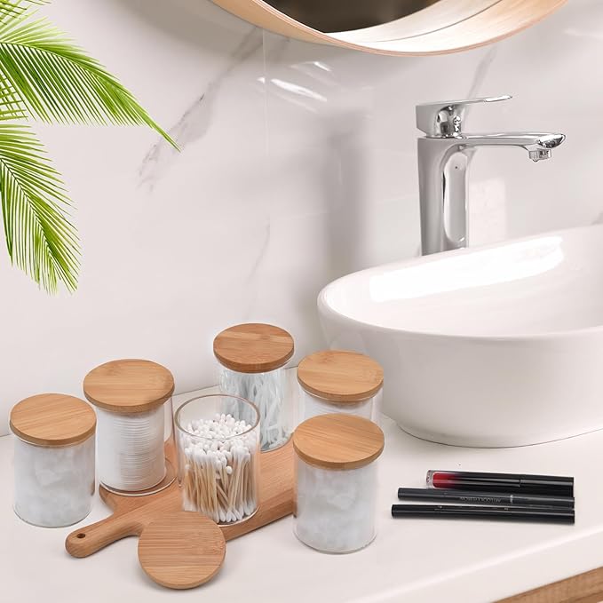 6 Pack Glass Qtip Holder Dispenser Set - Apothecary Jars with Lids for Vanity Makeup Organizer - Bathroom Canister Storage Organizer