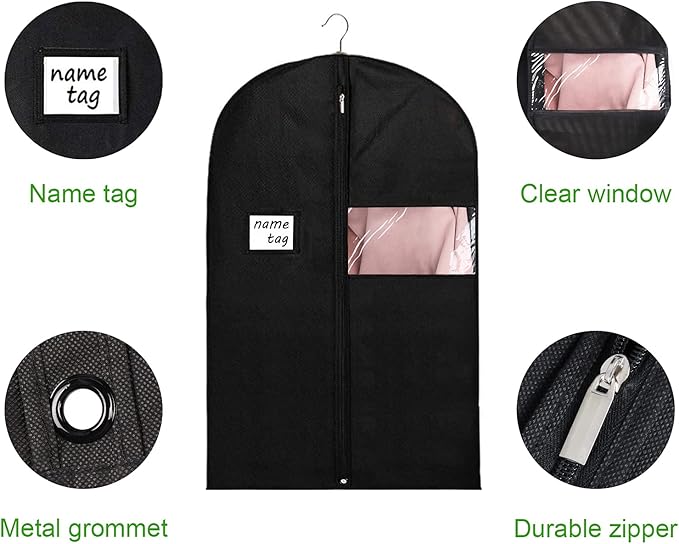 KEEGH 40" Suit Bags for Closet Storage (Set of 16) Garment Bags for Hanging Clothes, Suit Cover Bags for Suits Coats Dress with Zipper and Transparent Window, Black