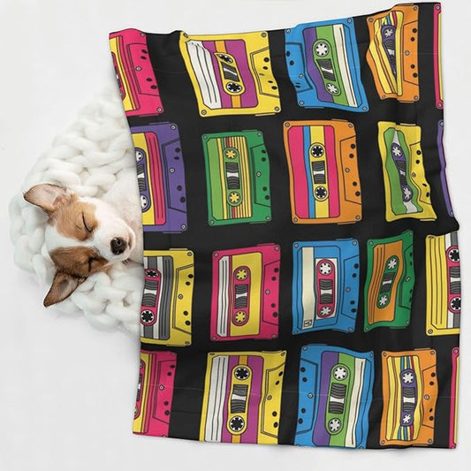 Pet Blanket for Travel and Home, Colorful Retro Cassette Pattern, Reversible Plush Dot Design with Soft Grip Texture on One Side Perfect for Car Seats Moving Vehicles