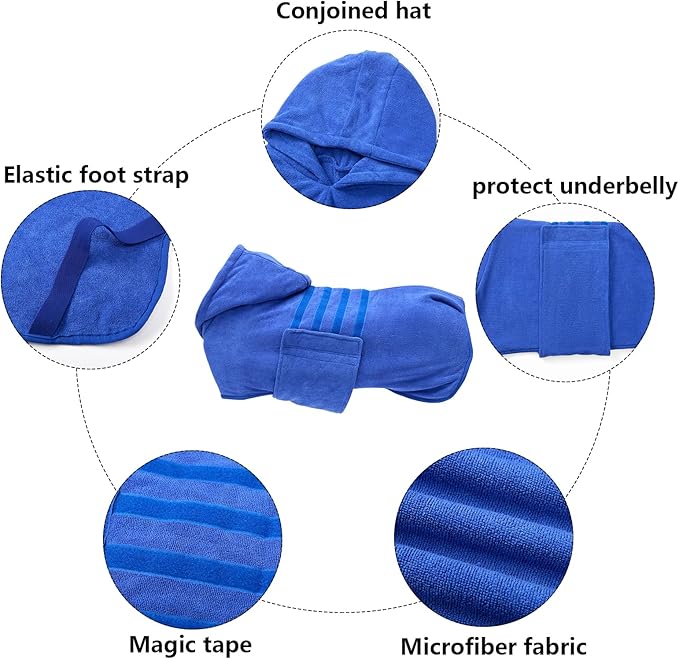 Geyecete Dog Drying Coats with Hood - Absorbent Robe Dry Fast Dog Towel - Microfibre Fast Drying Super Absorbent - Blue - S