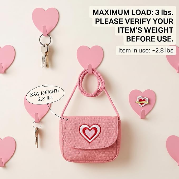 Heart Wall Hooks, 8 Pack, Small Pink Decorative Accessories, Purse Hanger