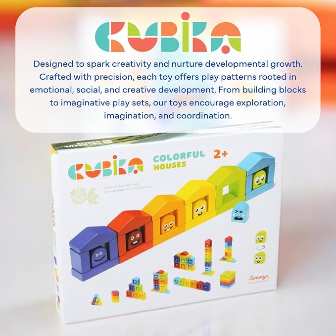 CUBIKA Wooden Construction Set Colorful Houses – 24-Piece Construction Play Set with Emotion Characters for Toddlers 2+– Montessori Toy for Creativity, Cognitive Development, and Emotion Recognition