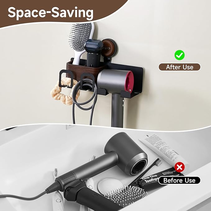 Hair Dryer Holder Wall Mount with Suction Cup, No-Drill Metal Blow Dryer Holder, Hair Accessories Tools Organizer Rack with 1 Toothbrush Hanger & Shelf, Walnut Finish for Bathroom