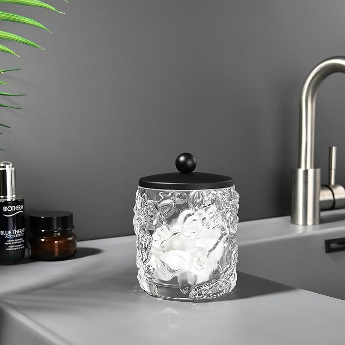 Clear Transparent Apothecary Floral Embossed Glass Jar With Matte Black Metal Lid Cover for Bathroom Organization, Cotton Balls, Q Tips, and Small Accessories, Bathroom Storage