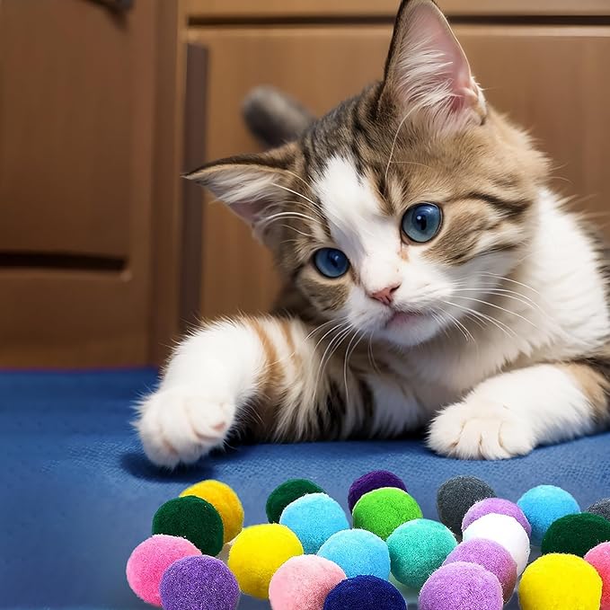 Cat Toy Balls, 20Pcs Premium Soft Pom Pom Balls for Kittens, 1,9'' Funny Interactive Cat Pompom Toys for Bored Indoor Cats Playing Plush Balls for Craft DIY Decorations, Cute Kitten Kitty Toys.