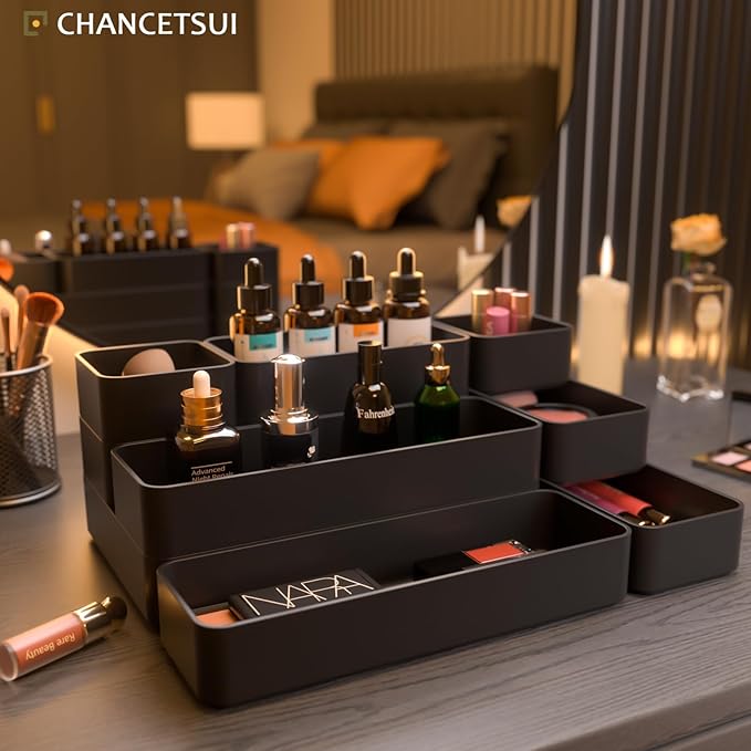 9 Pcs Stackable Drawer Organizer Trays Set, Multifunctional Stackable Storage Trays for Vanity, Bathroom, Kitchen, Desk Drawer Organizer Office. Plastic Drawer Organizers Available In 5 Colours, Black