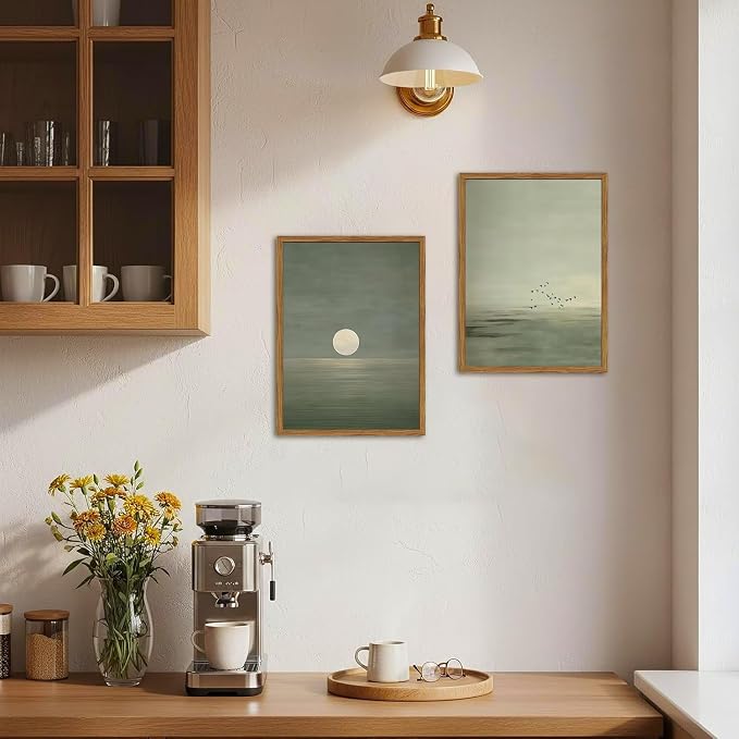 Framed Sage Green Japanese Canvas Wall Art Set of 2, Minimalist Moon and Birds