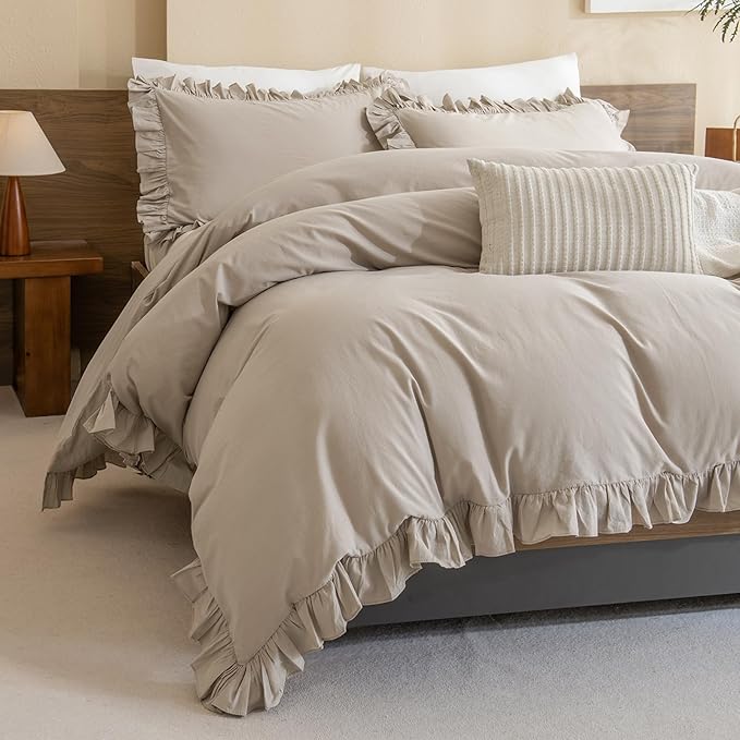 QSH Washed Cotton Queen Duvet Cover Set Ruffle Duvet Cover Linen Textured Farmhouse Shabby Vintage Chic Bedding Comforter Cover 3 PCs Aesthetic French Country Queen Bed Set