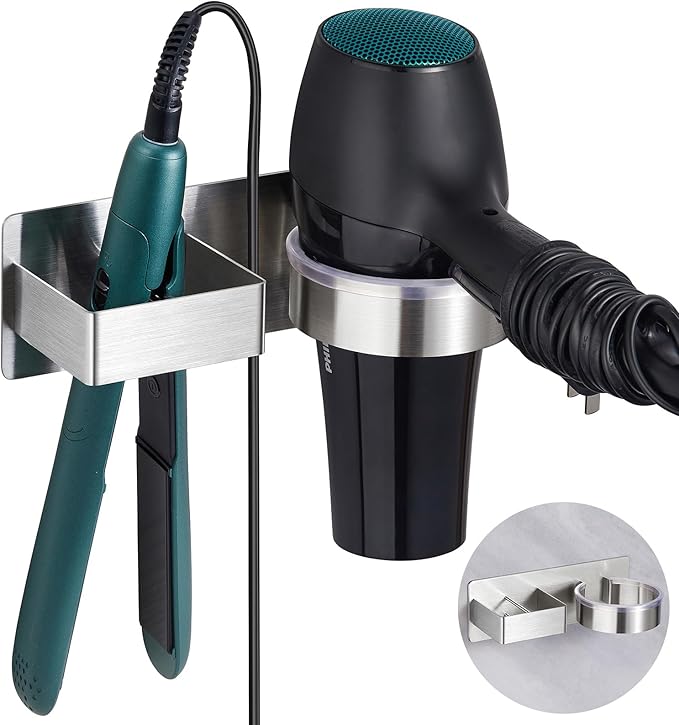 Hair Dryer Holder, Hair Tool Organizer, Stainless Steel Blow Dryer Holder Wall Mounted, Adhesive Straightener Holder, Bathroom Hair Care Styling for Flat Iron,Curling Iron,Hairdryer