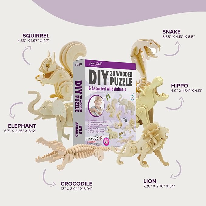Hands Craft DIY 3D Wooden Puzzle – 6 Assorted Wild Animals Bundle Pack Set Brain Teaser Puzzles Educational STEM Toy Adults and Kids to Build Safe and Non-Toxic Easy Punch Out Premium Wood JP2B8