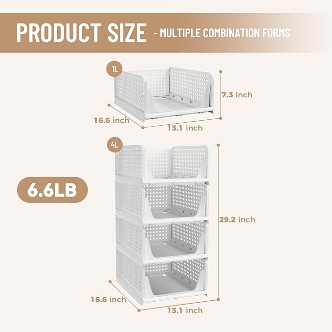 Pinkpum Stackable Plastic Storage Basket, Foldable Closet Organizers, Drawer Shelf Storage Container/Bins for Wardrobe Kitchen Bathroom Office Dorm, White, 4 Packs
