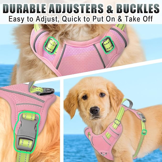 BARKBAY No Pull Dog Harness Large Reflective Dog Harness with Front Clip and Easy Control Handle for Walking Training Running with ID tag Pocket(Baby Pink & Sunlight,S)