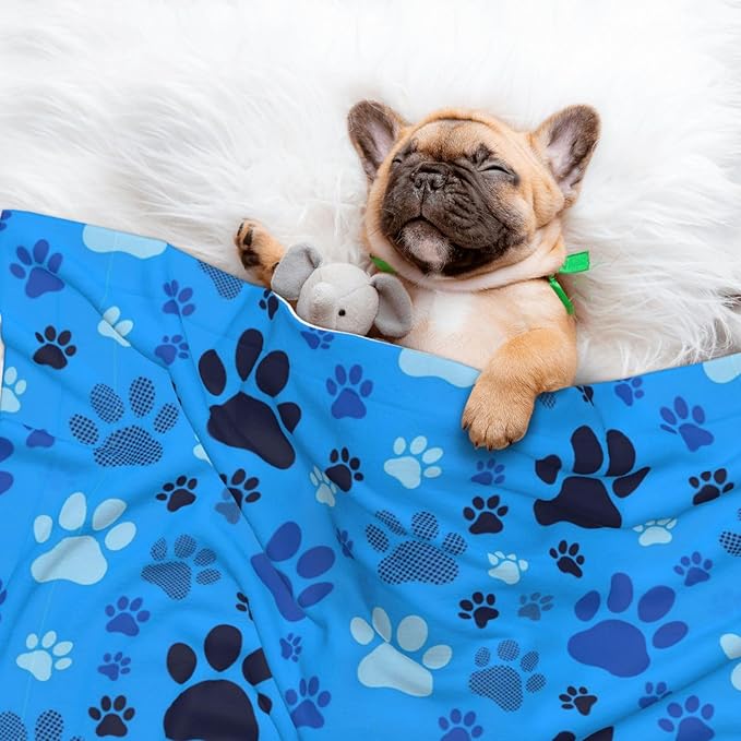 Double Sided Pet Throw for Dogs Who Shed, Blue Puppy Pug Dog Paw Print, Reversible Blanket with Nubby Dot Side Catches Loose Fur for Easier Furniture Cleanup