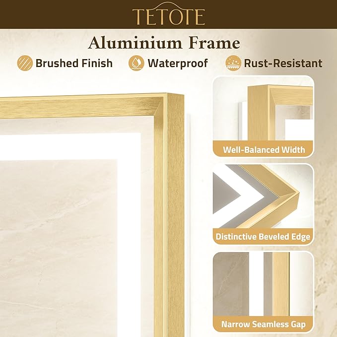 TETOTE 72 x 36 Large Bathroom Mirror Brushed Gold Metal Frame Frontlit & Backlit Vanity Mirror 3 Colors White/Warm/Natural Stepless Dimmable Anti-Fog Bathroom Mirrors for Vanity Wall-Mounted