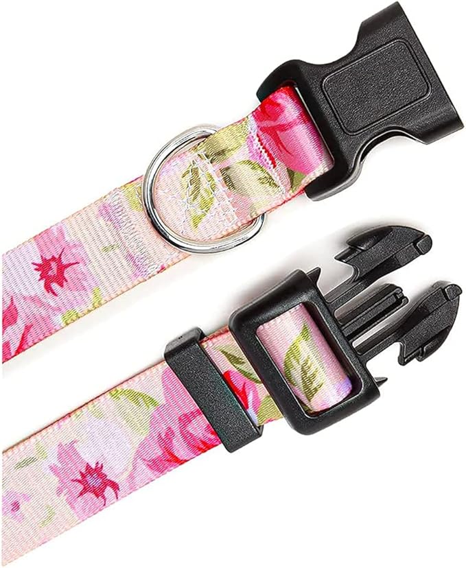 Dog Collar and Leash Set with Bohemia Floral Tribal Geometric Patterns - Soft Ethnic Style Collar Adjustable for Small Medium Large Dogs(Pink Rose Set,L)