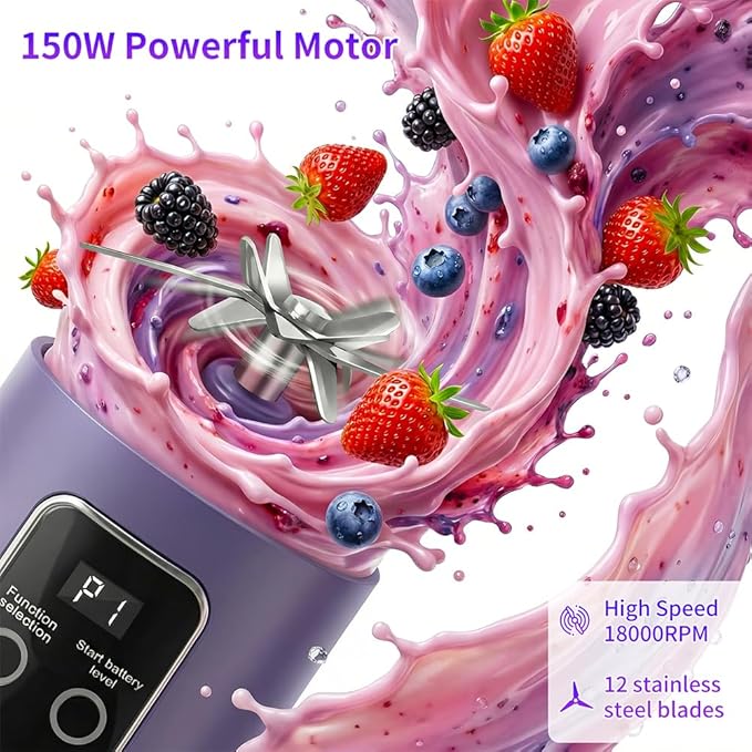 Portable Personal Blender, 500ML Cordless Compact Travel Juicer for Shakes & Smoothies, Small Blenders with Smart time display, Self-cleaning, BPA Free Cup & Lid, 12 blades, USB-C Rechargeable Purple