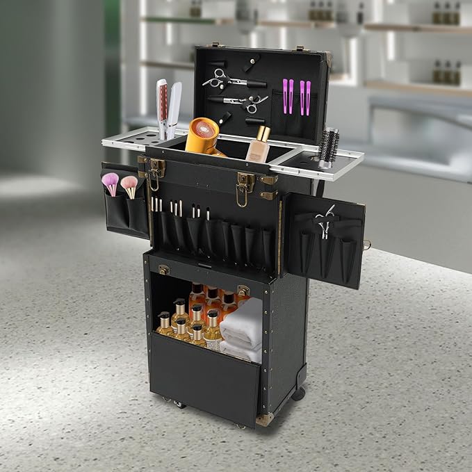 Rolling Hairdressing Case - Professional Makeup Train Case with Dual Password Locks, Cosmetic Organizer for Salon/Barber/Nail Artists (Black)