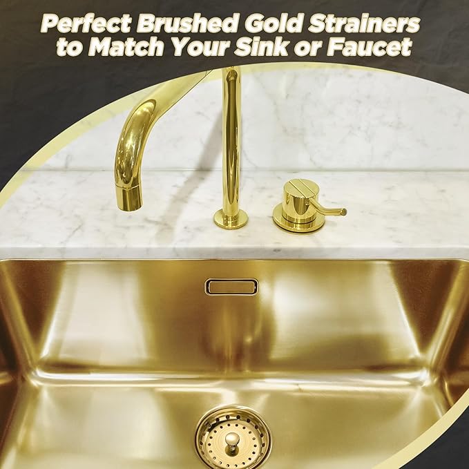 Mudder 3 Pcs Kitchen Sink Drain Strainer and Stopper Stainless Steel Garbage Disposal Plug with Handle Universal Anti-Clogging Kitchen Sink Filter Sieve Basket Strainer(Antique Gold)