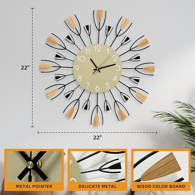 24 Inch Large Modern Wall Clock – Mid Century Sunburst Decorative Silent