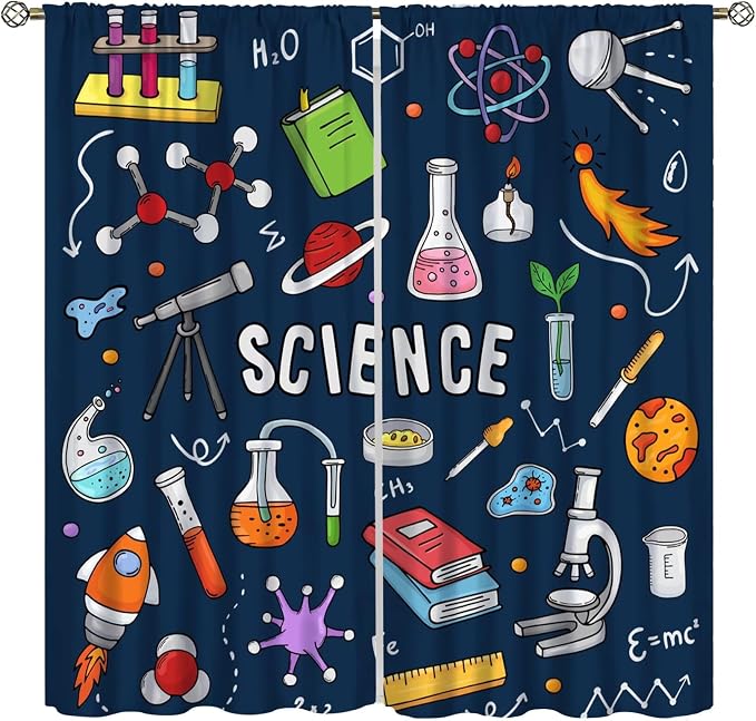 Science Physics Window Curtains, Abstract Math Chemistry Curtain Scientist Graffiti Print Window Treatments for Kids Teens Bedroom Living Room Kitchen Set 2 Panels,55x63 Inches