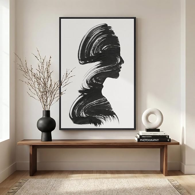 Modern Framed Black and White Abstract Wall Art, Minimalist Elegant Canvas