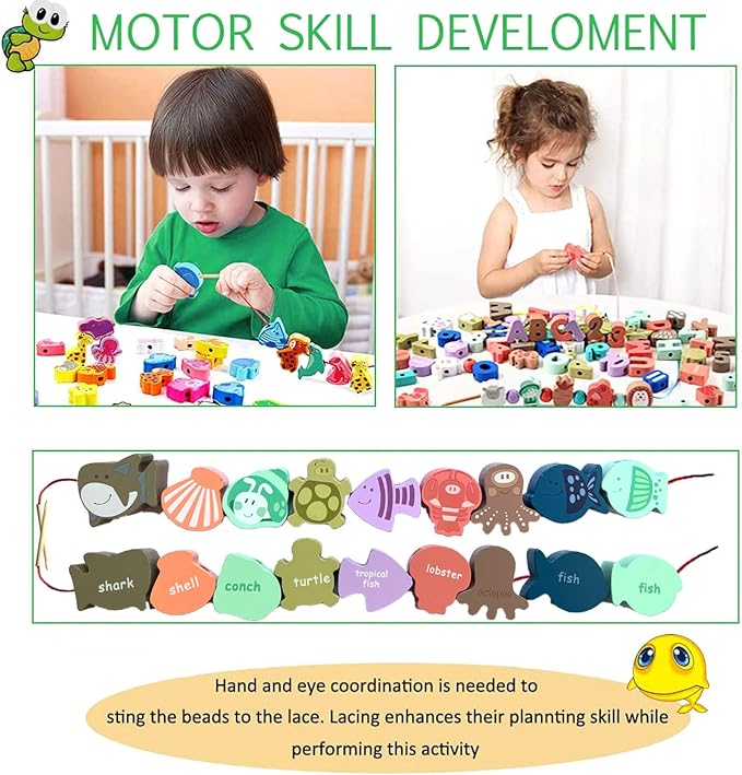 Educational Wooden Threading Beads Toys for Toddlers,47 PCS Stringing Animals Ocean Farm Preschool Lacing Beads,Montessori Toys for Kids 3 4 5 6 Year Old Boys Girls…