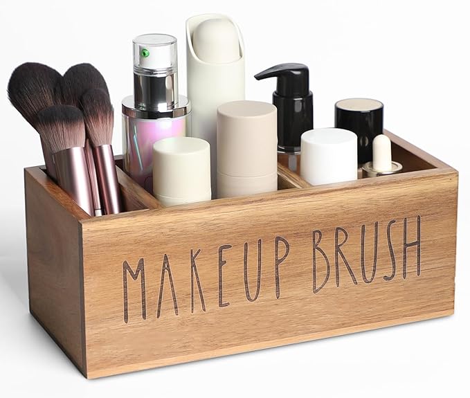 Acacia Wood Makeup Brush Organizer for Vanity,Cosmetic Skincare Organizers, Makeup Organizer with 3 Slots,Organizer Countertop for Cosmetics,Skincare, Brushes, Mascara,Lipstick,Pencils, Brown