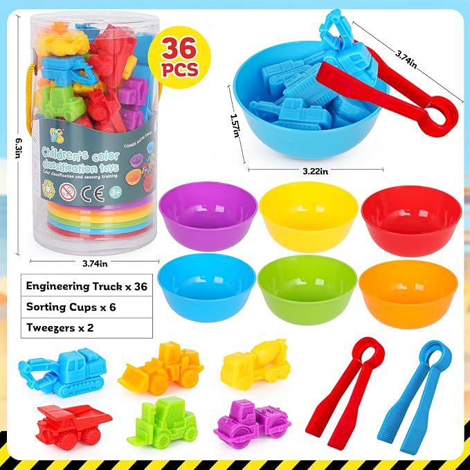 Counting Construction Vehicles Color Sorting Matching Games for Kids 3-5, Preschool Educational Learning Fine Motor Counting Transportation Matching Classroom Sensory Table Toys for Boys Girls