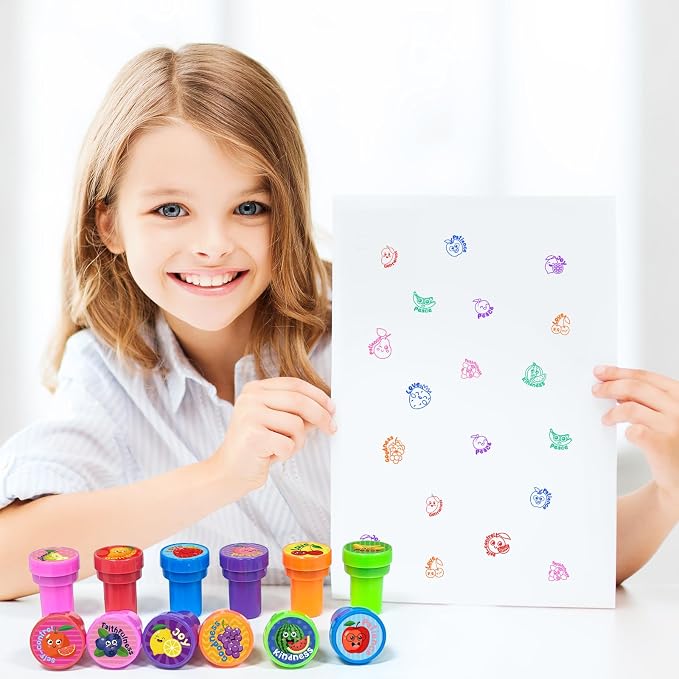 Cinrobiye 24 Pcs Fruit of the Spirit Stampers Party Favor Set, Cute Bible Learning Stamps for Kids Sunday School, Church Classroom Rewards, Faith Based Gifts, Goody Bag Fillers