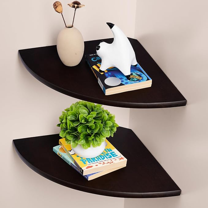 Gieanoo Floating Corner Shelves Set 2 12inch Walnut Solid Oak Rounded Corner