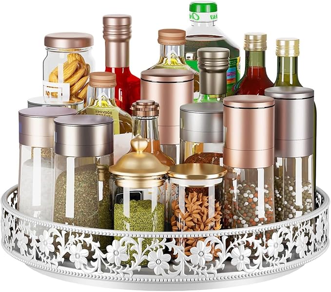 Lazy Susan Organizer Turntable 10", 360 Rotating Spice Rack Lazy Susan for Cabinet Dining Table Top Countertop Pantry Kitchen Cupboard Vanity Bathroom Refrigerator White