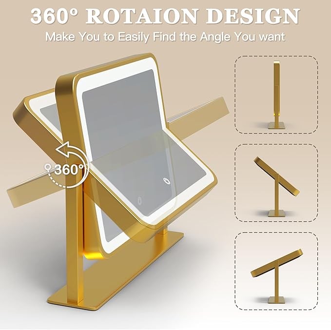 ROLOVE Gold Vanity Mirror with Lights, 14"×12" LED Makeup Mirror, Lighted Makeup Mirror with Lights, Smart Touch Control 3 Colors Dimmable, Lighted Up Mirror for Makeup Desk, 360° Rotation