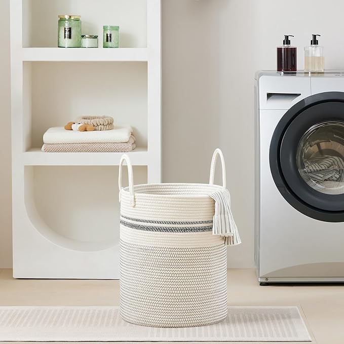 VIPOSCO Large Laundry Hamper, Tall Woven Rope Storage Basket for Blanket, Toys, Dirty Clothes in Living Room, Bathroom, Bedroom - 53L Stripe White