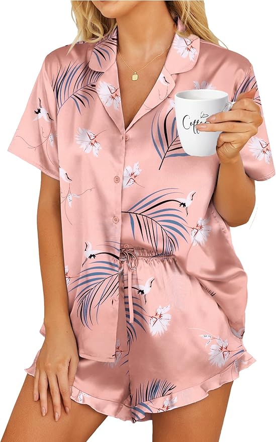 HOTOUCH Womens Satin Pajamas Set Button Down 2 Piece Silk Pjs Shorts Set Ruffle Lingerie Notch Collar Sleepwear