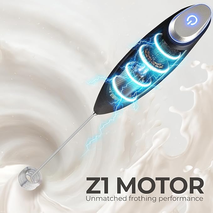 Zulay Kitchen Powerful Milk Frother Wand With Duracell Batteries - Ultra Fast Handheld Drink Mixer - Electric Whisk Foam Maker for Coffee, Lattes, Cappuccino & Matcha - Triple Whisk - Quartz Obsidian