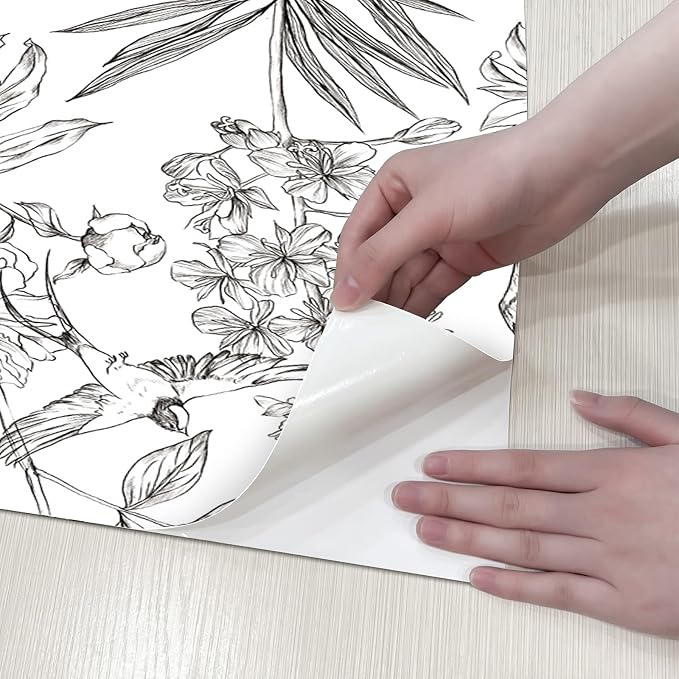 Jiffdiff White and Black Wallpaper Peel and Stick Sketched Peony Floral
