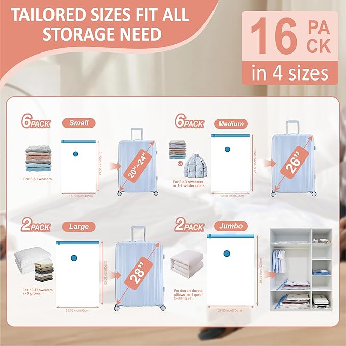 Cozy Essential 16 Pack Travel Vacuum Storage Bags with Rechargeable Wireless Electric Pump for Luggage, Suitcase, Carry-on Size Vacuum Seal Compression Space Saver Bags for Clothes and Clothing Travel