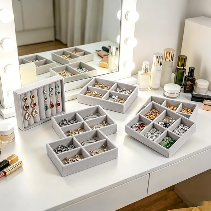 8-Piece 6" Velvet jewelry drawer organizer inserts Removable Dividers, Stackable Drawer Organizer for Rings Earrings Makeup, Vanity Dresser Storage