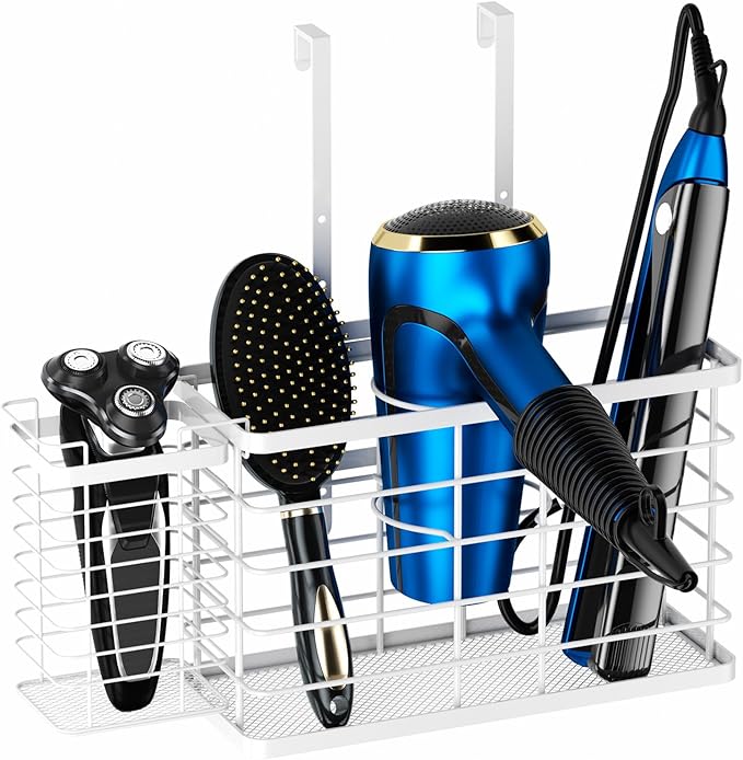 Hair Tool Organizer, Dryer Holder, 3 in 1 Blow Bathroom Organizer Wall Mounted/Cabinet Door for Flat Iron, Curling Straightener, Care & Styling Tools Storage Basket (White)