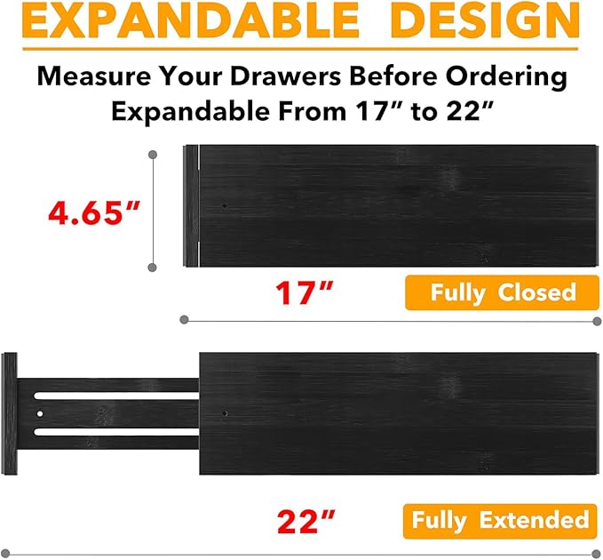 SpaceAid Bamboo 4 Pack Dresser Drawer Dividers, 4.65“ High Adjustable 17“-22” Drawer Organizers, Expandable Organization for Clothing, Clothes, Dressers, Black