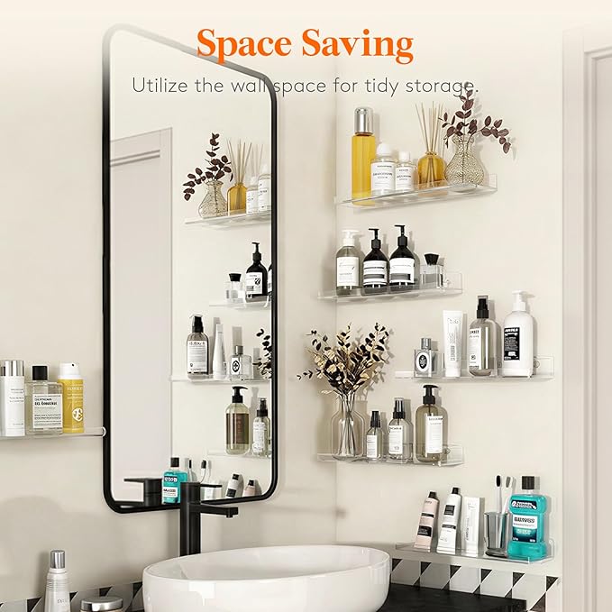 Lifewit Floating Shelves for Wall, Acrylic Display Shelf Wall Mounted for Figure, Car, Art, Book, 14" Perfume Organizer for Bathroom, Bedroom, Living Room, Nursery, Home Decor, Clear, 8 Pack
